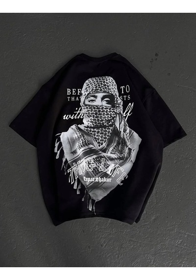 Erkek Kısa Kol Tişört Bisiklet Yaka Filistin Poşulu Baskılı T-shirt - Siyah