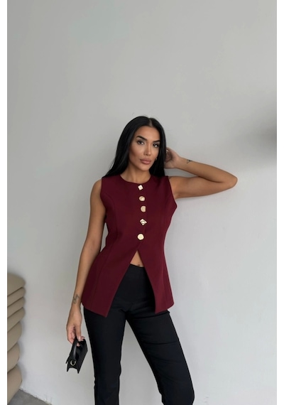 Defymoda Gold Düğme Detaylı Yelek - Bordo Bordo