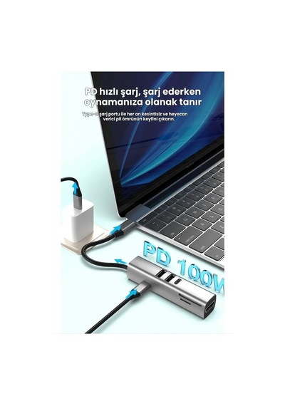 7in1 4k Hdmi 2xusb 3.0 Sd Tf Kart Okuyucu Pd 100w Type-c Şarj Çevirici Adaptör