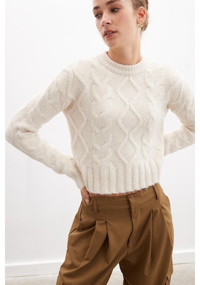 Peraluna Adelıne Sweater Bisiklet Yaka Saç Örgü Kadın Triko Kazak - Ekru-ekru Ekru