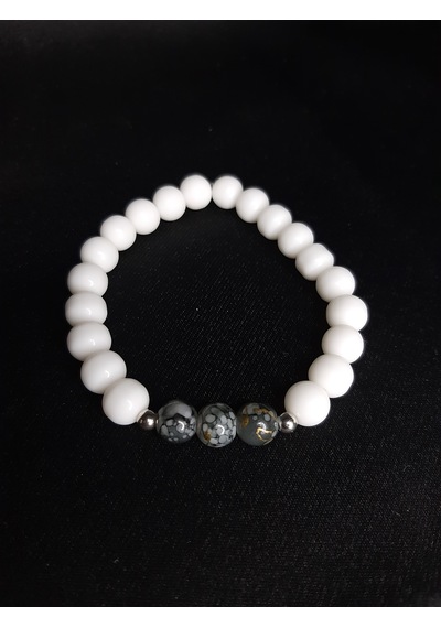 Beyaz & Geanit Görünümlü Cam Boncuk Unisex Elastik Bileklik 8 Mm Çok Renkli