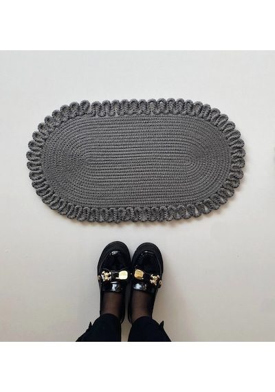 Jüt Kenarları Desenli Oval Paspas 45 X 75 Gri