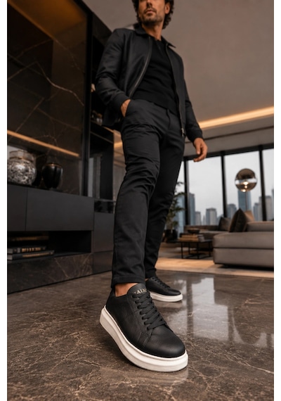 Mevese Tsoob Bağcıklı Cilt Erkek Günlük Rahat Taban Sneaker Ayakkabı - Siyah Beyaz