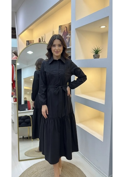 Nuss 2040 Desenli Elbise- Siyah