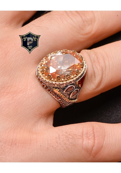 Gümüş Erkek Yüzük Sitrin Taşlı Şampanya Topaz Taş Süslemeli