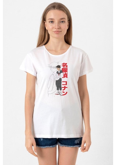 Detective Conan Anime Shinichi Kudo Beyaz Kadın Bisikletyaka Tshirt 001