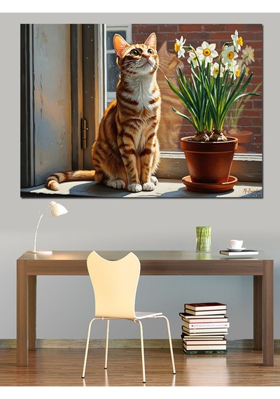 Ahşap Tablo Pencere Kenarında Duran Tekir Kedi