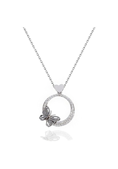 Brezza Lusso Jewelry  Dia Serisi Işıltılı Yüreğime Konan Sevgi Kelebeği Gümüş Kolye 45 CM 45 CM