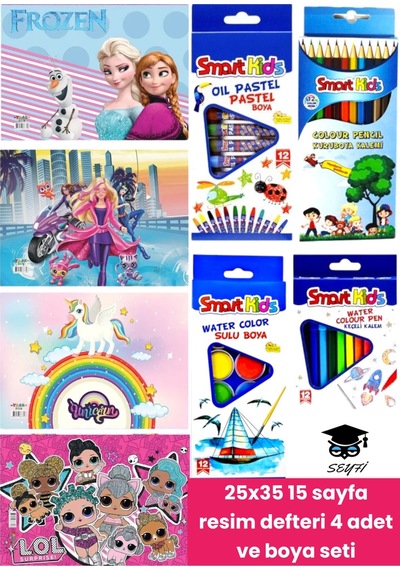 25x35 15 Sayfa Resim Defteri 4 Adet Ve Boya Seti Pastel Boya Kuru Boya Keçeli Kalem Sulu Boya