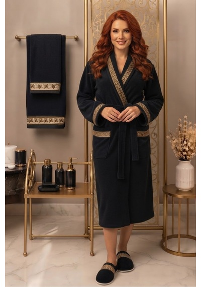 Premium %100 Pamuk Unisex Şalyaka Cepli Bornoz Seti 4 Parça Havlu Terlik Takımı Siyah Siyah