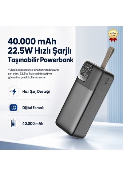 P32-4 40.000 Mah Powerbank 22.5w Hızlı Şarjlı Dijital Ekranlı Taşınabilir Şarj Cihazı-1631 Siyah