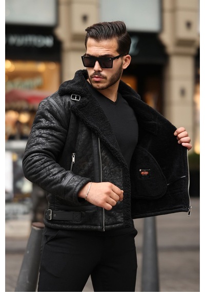 Erkek Napa Deri Içi Full Kürklü Slim Fit Mont & Ceket Siyah