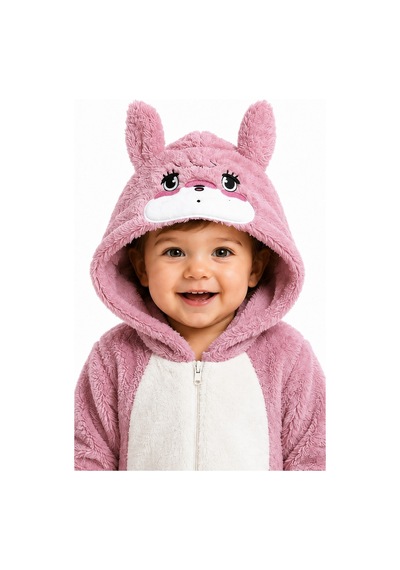 Tatlı Ayıcık Desenli Welsoft Peluş Kapüşonlu Fermuarlı Kışlık Unisex Bebek Tulumu 40197 Pembe
