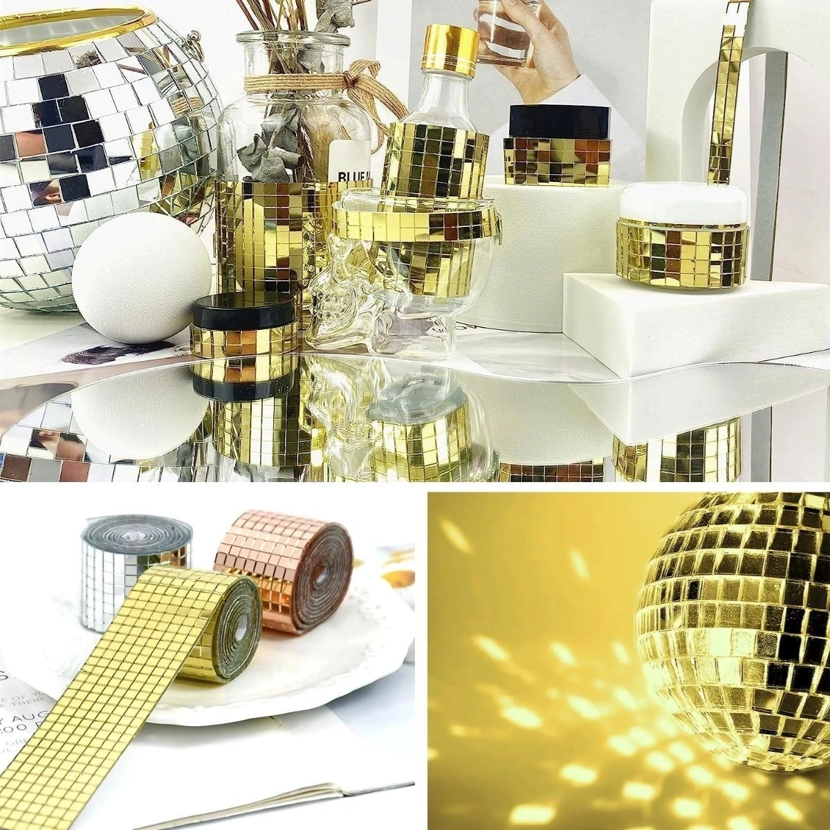 River World 1 Metre'lik Ve 4 Cm Genişliğinde Aynalı Mozaik Taş Dekorlu Gold Renk Dekor Bandı
