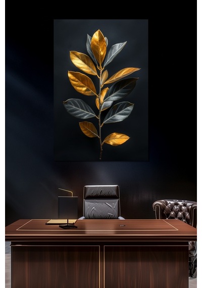 Altın Yaprak Baskılı Cam Tablo Modern Botanik Desenli Dekoratif Duvar Tablosu