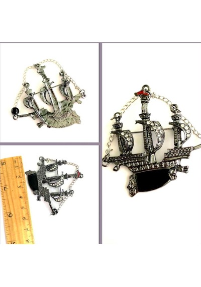 Omeniv Vintage Stil Kalyon Tekne Broş İğne Mine Kristal Kaplı