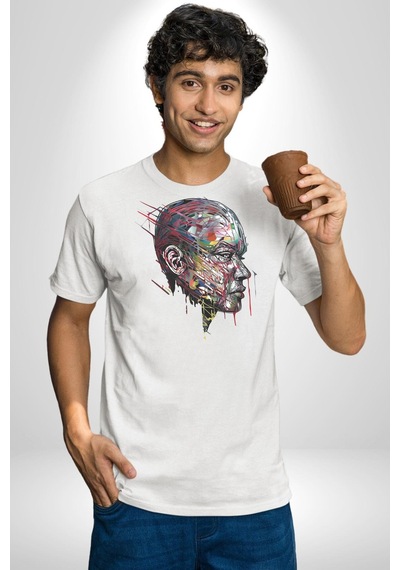 İnsan Kafası Sulu Boya Unisex Unisex Beyaz Organik Baskılı T-shirt Penye Yüksek Kalite Beyaz