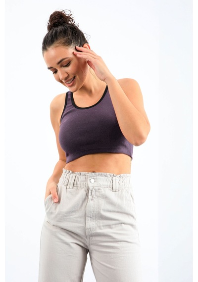 Tommy Life Açık Mor Basic Sıfır Kol Dar Kalıp U Yaka Kadın Crop Top Atlet - 97162 Açık Mor