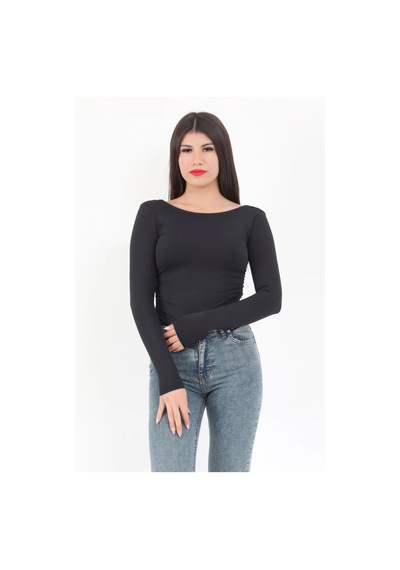 Giysa Kadın Siyah Sırt Dekolteli Uzun Kollu Çıtçıtlı Esnek Zıbın Body - 2440 Siyah