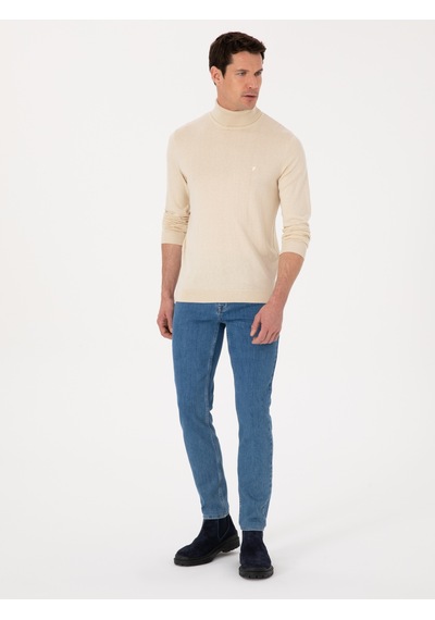 Cacharel Bej Slim Fit Pamuk Karışımlı Balıkçı Yaka Basic Triko Kazak
