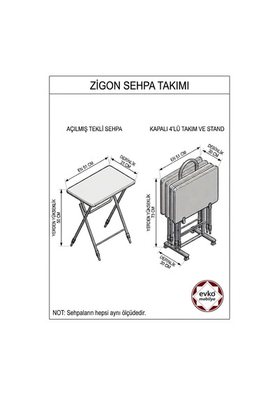 Evko Mobilya Çanta Zigon Sehpa, 4'lü Sehpa, Zigon Sehpa, Servis Sehpası, Mdf Mebran Sehpa, Katlanır Sehpa