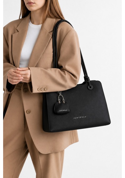 Just Polo Kadın Yeni Sezon Büyük Boy Aksesuar Detaylı Günlük Şık Kol Çantası Shopper Siyah