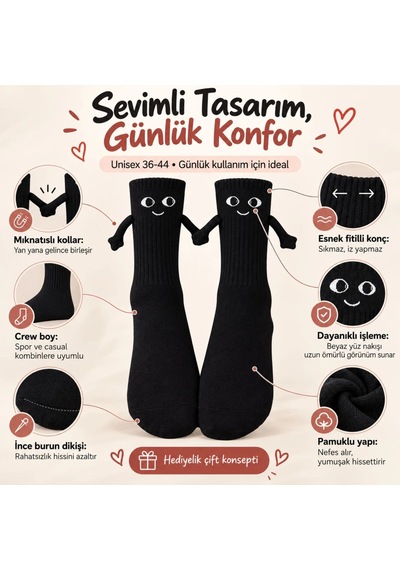 Womanandkids Wak Mıknatıslı El Ele 2'li Unisex Tutuşan Sevimli Çorap 36-44 Çift Hediyesi, Pamuklu Renkli Crew M Siyah