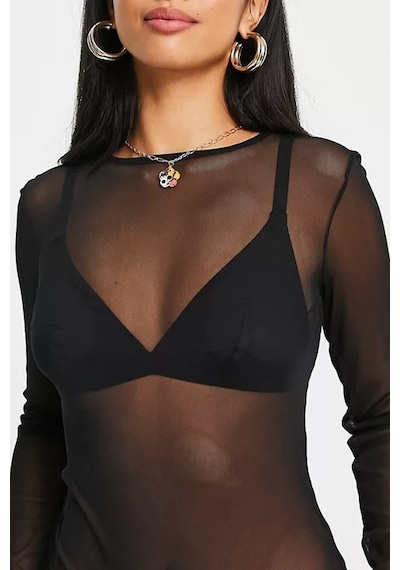 Moda Mistik Siyah Tül Bluz Uzun Kollu Transparan Sexy Siyah