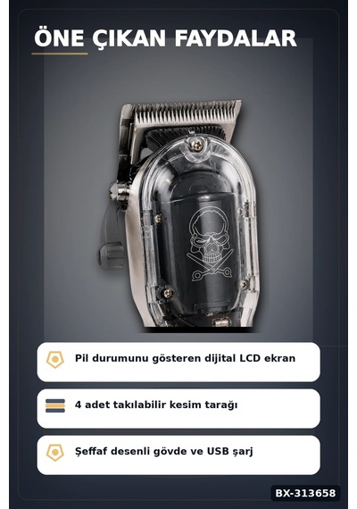 Lcd Ekranlı 1800 Mah Şarjlı Saç Kesme Makinesi Usb Şarjlı 4 Taraklı Tıraş Makinesi Seti Bx-313658