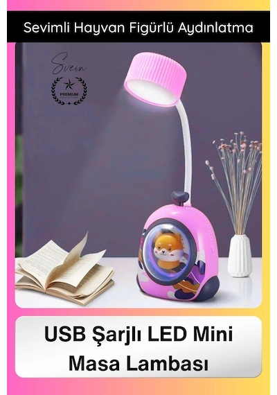 Masalambası Usb Şarjlı Led Mini Masa Lambası Çocuklar İçin Hayvan Figürlü Pet Kabin Sevimli Pembe