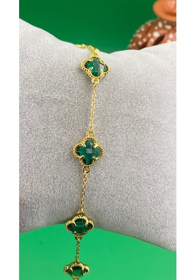 Gold Renk Zirkon Taşlı Yonca Model Çelik Bileklik Yeşil