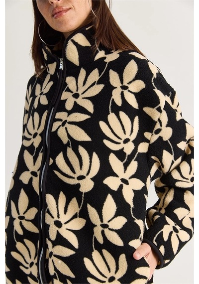 Mevese Desenli Dik Yaka Cepli Biyeli Kadın Polar Sweatshirt- Siyah-krem