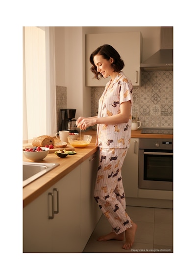 Lela Desenli Kısa Kollu Beli Lastikli Gömlek Yaka Dokuma Regular Fit Bayan Pijama Takımı 6571010 Pembe