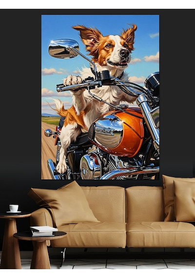 Ahşap Tablo Motosiklet Süren Köpek Resmi