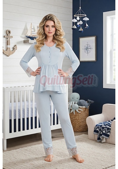 Lady Dantel Detaylı 33204 Uzun Kol 2 Parça Lohusa Hamile Pijama TakımıBebe Mavi Renkli