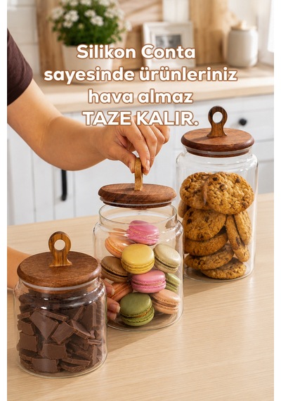 Porsima 4470 Handmade Vakum Kapaklı 3lü Cam Kavanoz Seti Vakum Kapaklı Saklama Düzenleme Kabı Seti Şeffaf