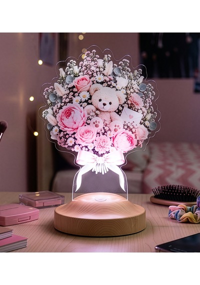 Tatlı Bir Sürpriz Ayıcık Buketi Şık Işıklı Çiçek Buketi Led Lamba Sevgiliye Pembe Güllü Solmayan Çiçek Lambası Hediyesi Tatlı Sürpriz Ayıcık