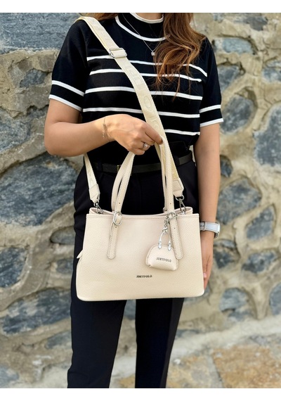 Just Polo Kadın Orijinal Just Polo Yumuşak Deri Ayarlanabilir Askılı Lüks El & Omuz Çantası Shoulder Bag Krem