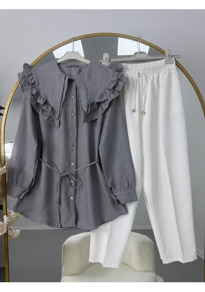 Lovie Moda Fırfır Yaka Bağcıklı Tunik Pantolonlu Takım Gri