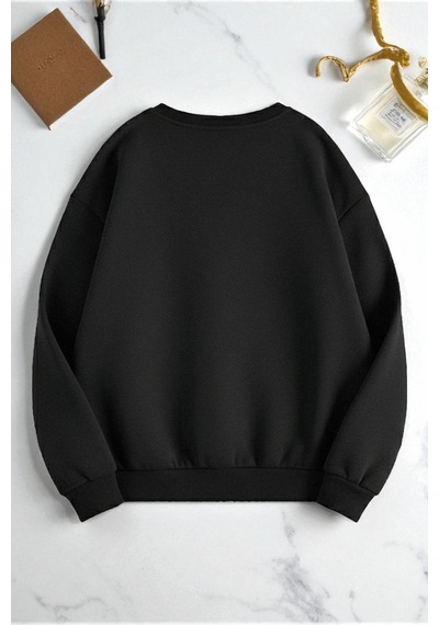 Uyguntarz Unisex Ballerina Cappucina Baskılı Oversize Bisiklet Yaka Sweatshirt siyah