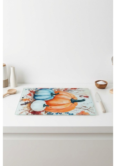 Makri Home Dekoratif Kabak Desenli Cam Kesme Tahtası 25 Cm 35 Cm Turuncu