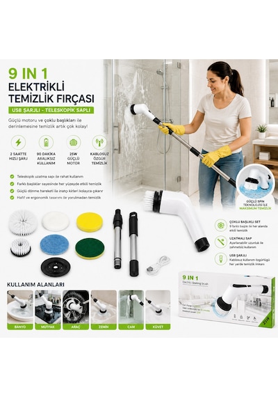 9ın1 25w - Kablosuz - Hızlı Şarj Elektrikli Şarjlı Temizlik Fırçası Rzg-2026 5250