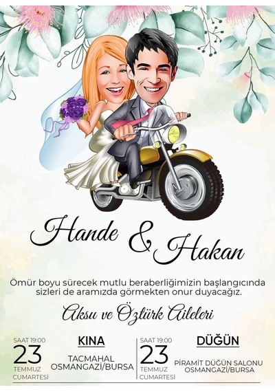Kişiye Özel Karikatürlü Bitmeyen Düğün Davetiyesi Model 20