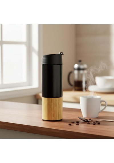 450 Ml Bambu Kaplamalı Çelik Termos - Sıcak Ve Soğuk Tutucu Sızdırmaz Mat Siyah Kahve Termosu Çok Renkli