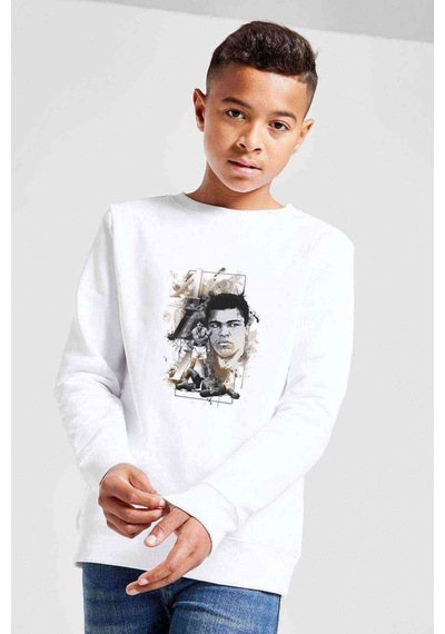 Tshirthane Muhammed Ali Knockout Baskılı Unisex Çocuk Beyaz Sweatshirt Beyaz