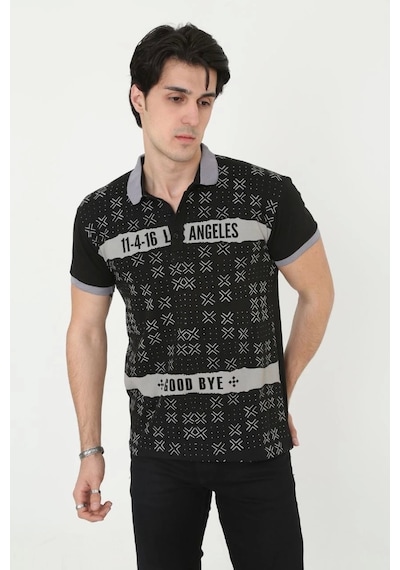 Erkek Yakalı Slim Fit Baskılı T-shirt - Siyah