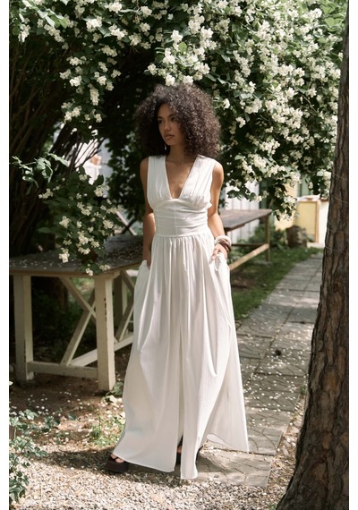 Mai Collection Mai Studios Co. Emilia Korse Detay Ekru Uzun Elbise Ekru