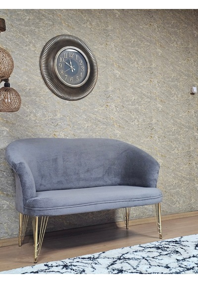 Zafir İkili Teddy Gold Kaplama Telli Ayak Çay Seti Koltuk İkili Berjer , Balkon, Salon, Ofis Gri