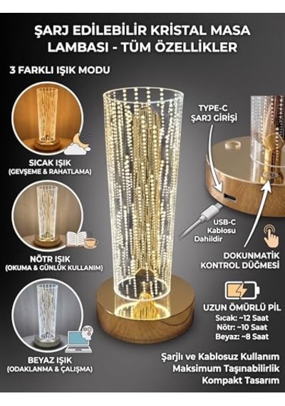 Şarj Edilebilir Kristal Masa Lambası, 3 Işık Modu, Dokunmatik Kontrol, Usb-c Şarj Girişi, Kompakt Tasarım Diğer