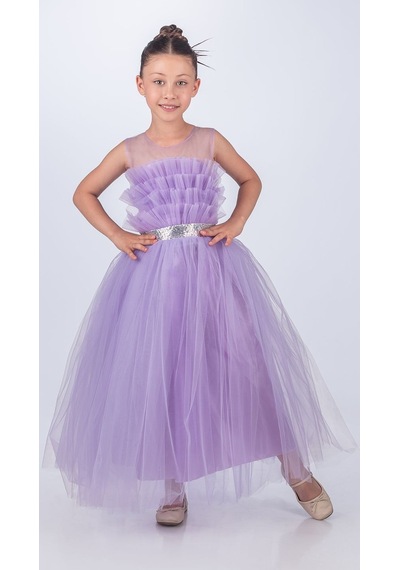 Mnk Baby & Kids Sapes Model Sırt Gipeli Tüllü Kız Çocuk Askılı Saten Abiye Mnk0618 Lila